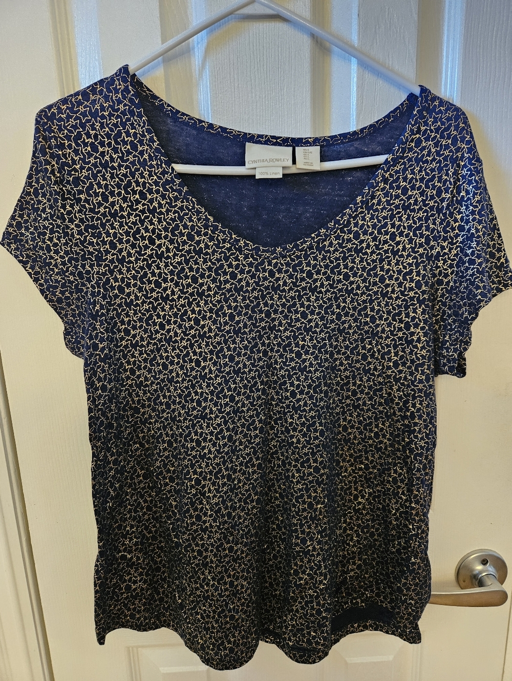 Cynthia Rowley L Short Sleeve Tee Top - Navy Blue with Gold Stars - Like New